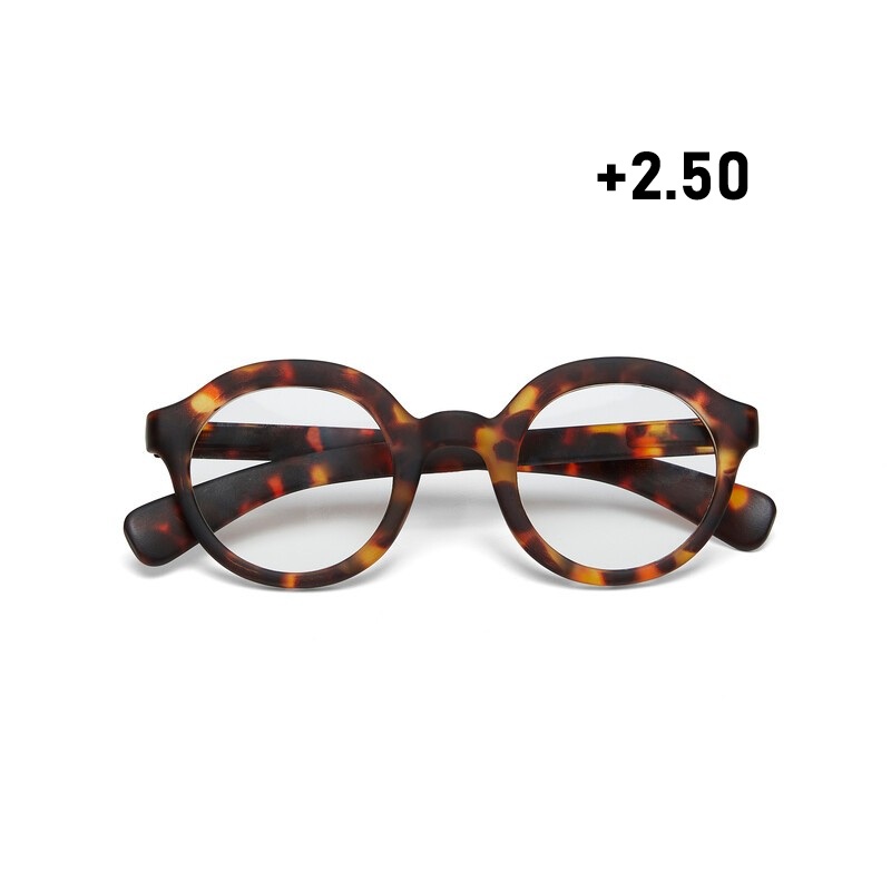 Occhiale da lettura con montatura panthos tondo di colore havana, lenti da lettura +2.50 diottrie con filtro luce blu, include astuccio e panno in microfibra